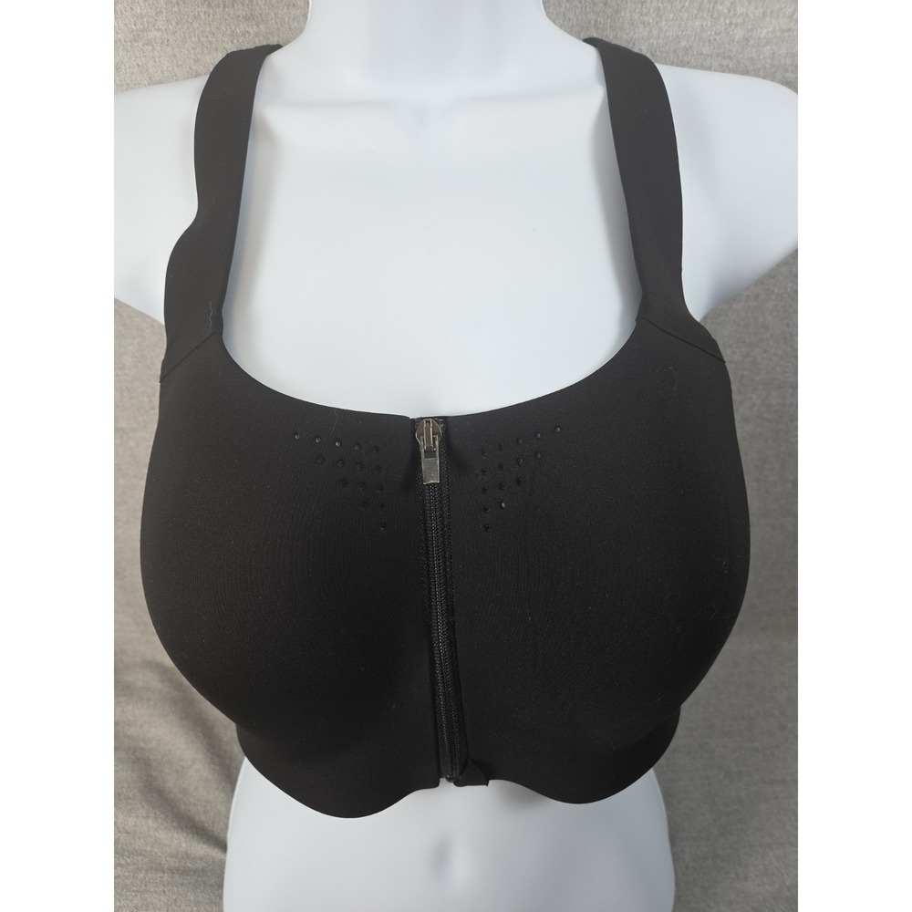 Victorias Secret Sports Bra 38C Black Lightweight Front Zip Closure V Back Logo‎